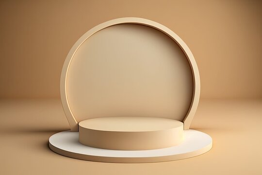 Presentation podium mockup in the shape of a circle with a cream background. Generative AI © AkuAku