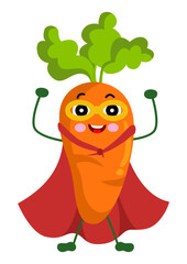 Cute carrot mascot  in traditional costume of superhero.