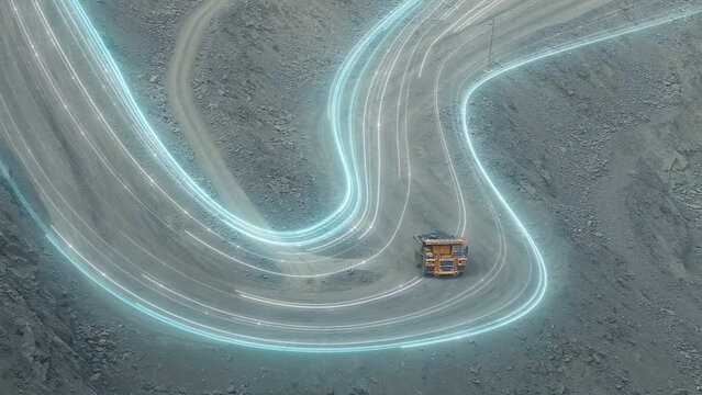 Iron ore mining. Visualization of a modern quarry. A mining dump truck drives on a road in a deep iron ore quarry.