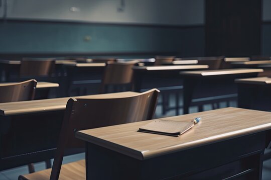 Absent Student's Desk In University Classroom Educational Concept Image Of Lecture Room Or Training Center With An Empty Desk That The Student Doesn't Attend The Lesson. Generative AI