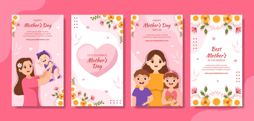 Happy Mother Day Social Media Stories Flat Cartoon Hand Drawn Templates Background Illustration