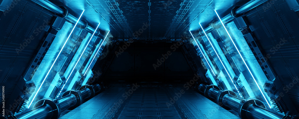 Aufkleber blue spaceship interior with neon lights on panel walls. futuristic corridor in space station backgr