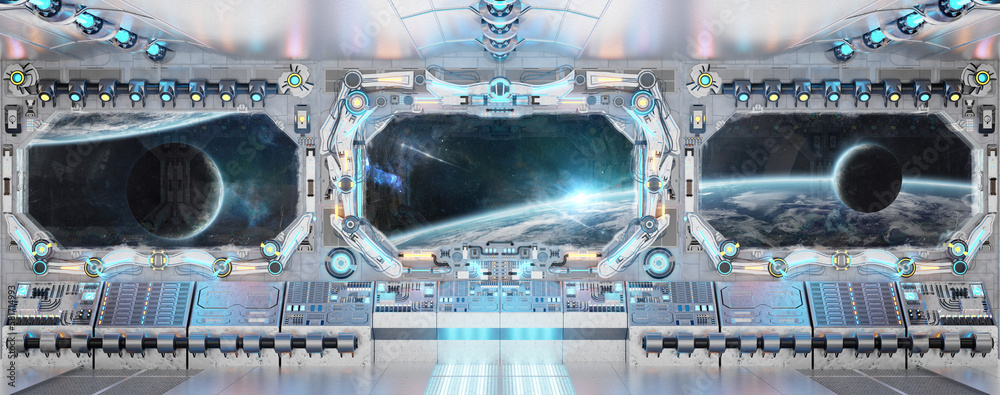 Poster White spaceship interior with glowing blue and red lights. Futuristic spacecraft with large window view on planets in space. 3D rendering