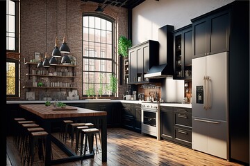 3D rendering of a modern kitchen in a loft, AI generated
