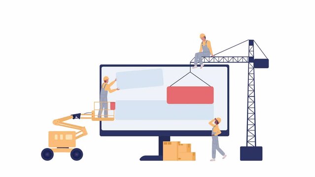 Animated executing construction task. Website building. Under maintenance. 2D cartoon flat characters 4K video footage on white with alpha channel transparency. Concept animation for web design