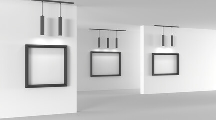 Obraz na płótnie Canvas Empty art gallery with blank picture frames illuminated by spotlights 3d render. Interior of museum or studio room with white posters in black borders and lamps for artwork exhibition. 3D illustration
