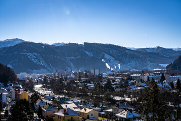 view from the top of the mountain at small town Leoben