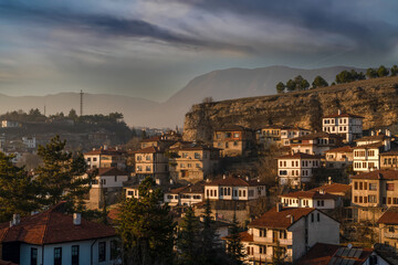 Fototapeta na wymiar Panoramic view of city of Safranbolu at sunset, Karabuk, Turkey