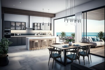 Fototapeta na wymiar Sea view kitchen, dining and living room of luxury beach house with terrace near swimming pool in modern design. Vacation home or holiday villa for big family, AI generated