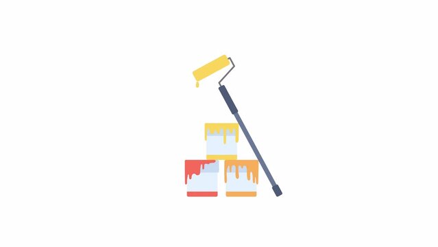 Animated paint buckets with roller. Home interior renovation. Flat cartoon style icon 4K video footage. Color isolated element animation on white background with alpha channel transparency
