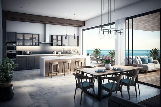 Sea view kitchen, dining and living room of luxury beach house with terrace near swimming pool in modern design. Vacation home or holiday villa for big family, AI generated