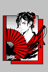 Man in a kimono holds a red fan in the style of manga and anime.