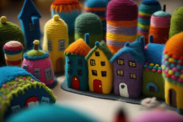 Abstract colorful knitted town. Psychedelic relaxing wallpaper. AI