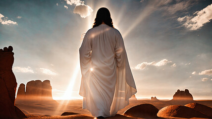 back view of jesus christ in white clothes walking at sand desert into sun shining at distant horizon with clouds and rock hills, generative AI