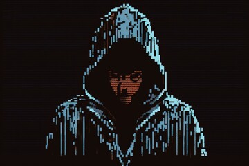 Pixelated unrecognizable hooded cyber criminal