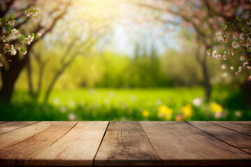Fototapeta premium Wooden table in garden of spring time blurred background