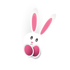 Isolated Happy Easter Template, Card Design - Funny Cute White Bunny with Long Ears and Purple Easter Eggs on White Background, Vector Illustration