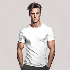Young male model wearing a plain white t-shirt. Generative AI illustration.