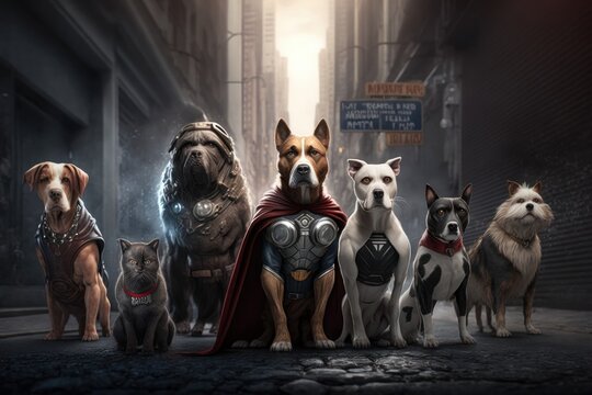 Gang of dogs as superheroes with cape on cityscape background. Created Generative Ai