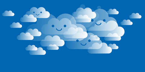 Cute Cartoon Clouds with Smiling Faces on Blue Background - Illustration in Editable Vector Format