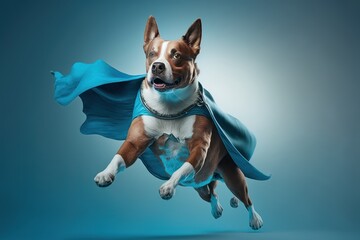 Superpet Dog as superhero with cape background. Created Generative Ai