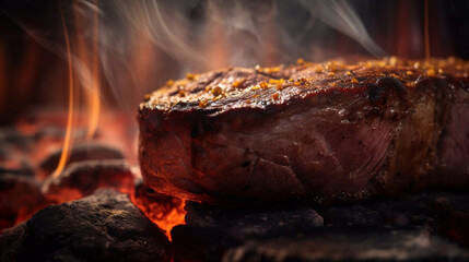 Rindersteak auf Grill mit Flammen in 16:9 Format. Generative Ai