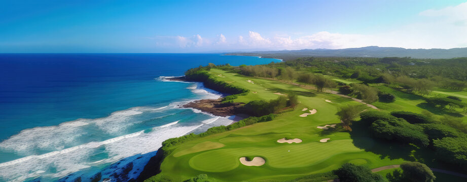 A resort golf course by the sea, on a beautiful sunny day. A long hole par 5 hole by the sea shore. Generative AI. 
