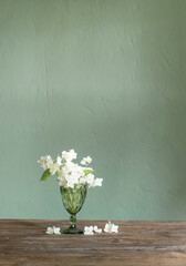jasmine flowers  in glass vase on green background