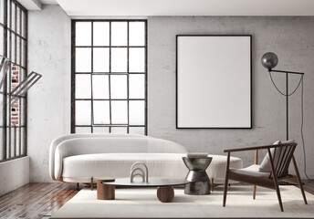 Mockup poster frame on the wall of living room. Luxurious apartment background with contemporary design. Modern interior design. 3D render, 3D illustration.