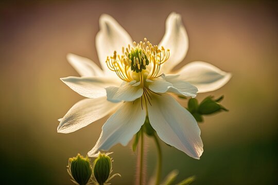 macro photography of a white aquilegia flower on a green background on a warm summer day. Columbine flower in bloom in a garden with white petals, shot in the light of sunset. Generative AI