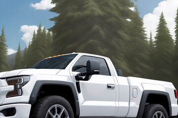 A white pickup truck is driving on the road. Beautiful summer landscape as background, blue sky with clouds, forest and hill. Generative AI. - obrazy, fototapety, plakaty