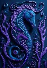 Beautiful abstract portrait of a seahorse with purple and cyan colors; 3D effect. Generative AI