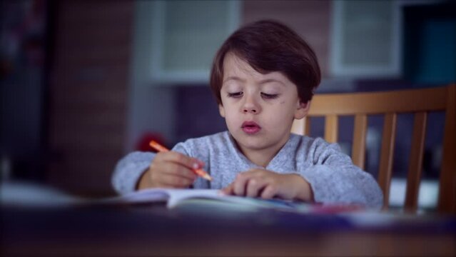 Little boy drawing with color pencil. Boy draws a picture at table. Child coloring at home indoors
