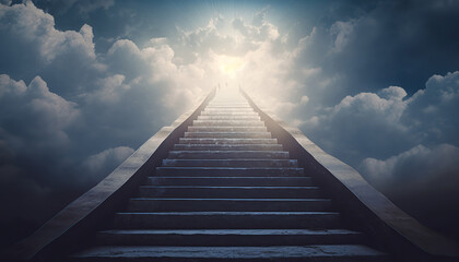 Stairway to heaven with bright white light on the top. Sky with clouds and stairs. Outdoor background. AI generative image.