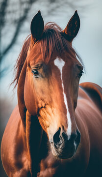 Beautiful vertical portrait of ginger horse. Outdoor background. Mobile splash screen template. AI generative image.