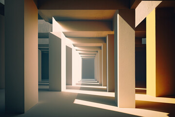 Abstract interior architecture with row of plain columns illuminated by sunlight. Generative AI