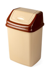 Beige plastic waste bin isolated on white