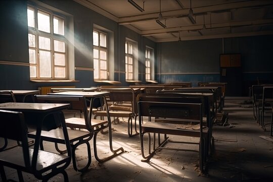 An empty school classroom. School desks in a row facing the blackboard in an empty classroom. Everything is ready to start training. Generative AI