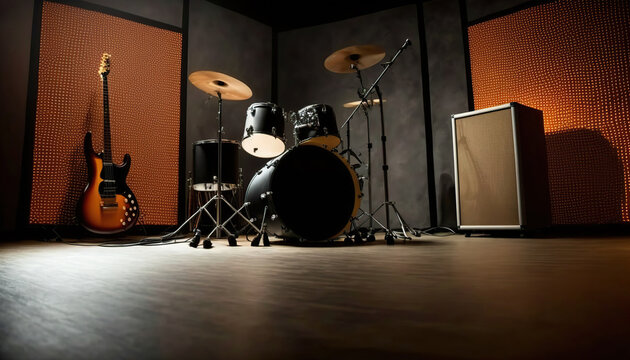 Rehearsal studio room with drum kit. Music repetition base. Indoor background. AI generative image.