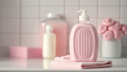 Obraz na płótnie Canvas Cozy bathroom background with pink liquid soap bottle. Indoor background. AI generative image.