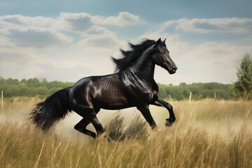 Obraz na płótnie Canvas A black horse is captured in motion from the front while running freely in a field in this photograph. Generative AI