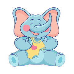 Cute cartoon baby elephant with baby clothes. Elephant cartoon style logo, vector art and illustration. Vector illustration of elephant sitting and smiling happily. Children's illustration book