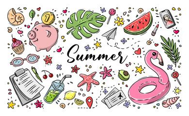 Vector doodle illustration Summer collection. Colorful symbols of summer palm tree, flamingo, watermelon, plane tickets, piggy bank, blueprint. Horizontal composition