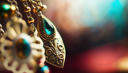 Fototapeta premium Abstract jewellery background with shiny green emerald gemstone. Horizontal background with copy space. AI generative image.