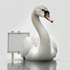 Beautiful white swan bird with empty table signboard. AI generative image.