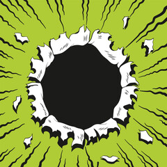 Comic book hole. Vector paper is torn through boom explosion. Circle hole in the middle on green background. Comics style cover template or flyer wallpaper