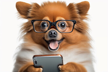 Happy smiling doggy holding a phone and surfing the internet, white background. Generative ai