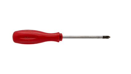 Used screwdriver with red handle and magnetic tip isolated on white