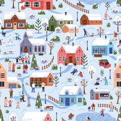 Winter village in snow, seamless pattern. Christmas town in nature, repeating landscape print with cute houses and people. Endless background design, outdoor funs. Flat vector illustration for textile