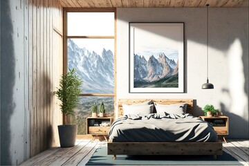Corner of a wooden wall bedroom interior with a double bed, a bedside table, a horizontal poster, and a large window with a mountain view. 3d rendering, mock up